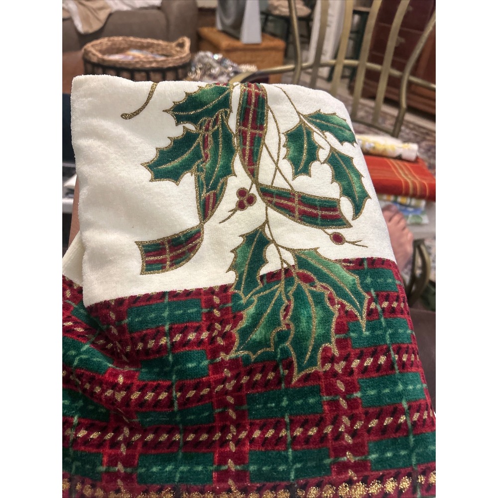 Lenox Holiday Nouveau Christmas Bath Towel Set 4 Holly Plaid Gold Glitter Ivory - Picture 2 of 9